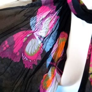Vintage. Butterfly scarf with black fringe unknown maker polyester rayon blend